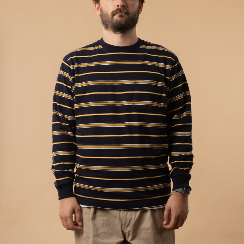BEAMS PLUS Long Sleeve Pocket Tee Multi Stripe in Navy, front view