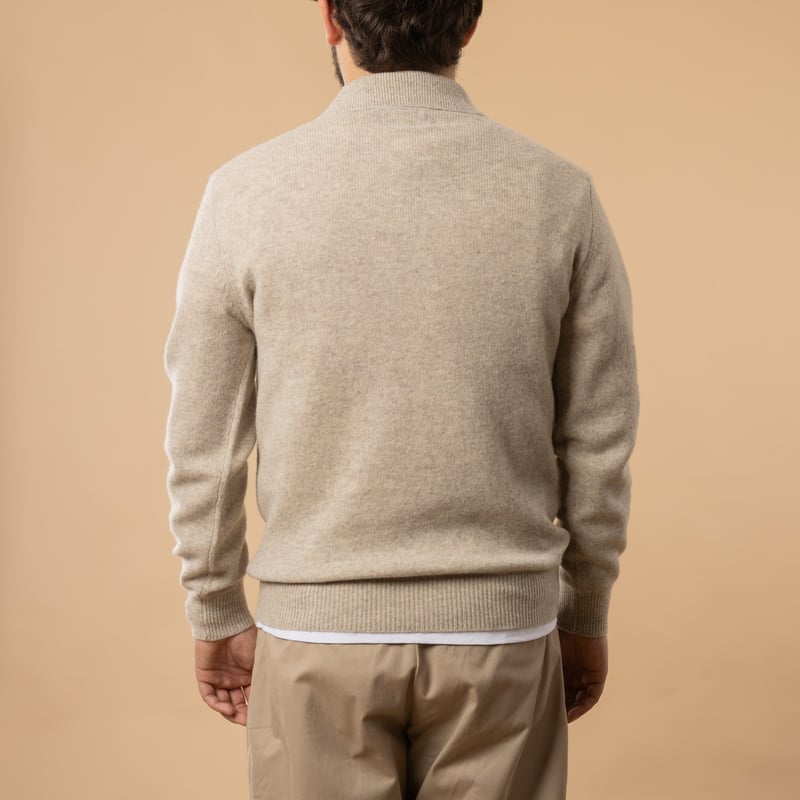 BEAMS PLUS Long Sleeve Wool Sweater / 9G Knit Polo in Beige, Back View