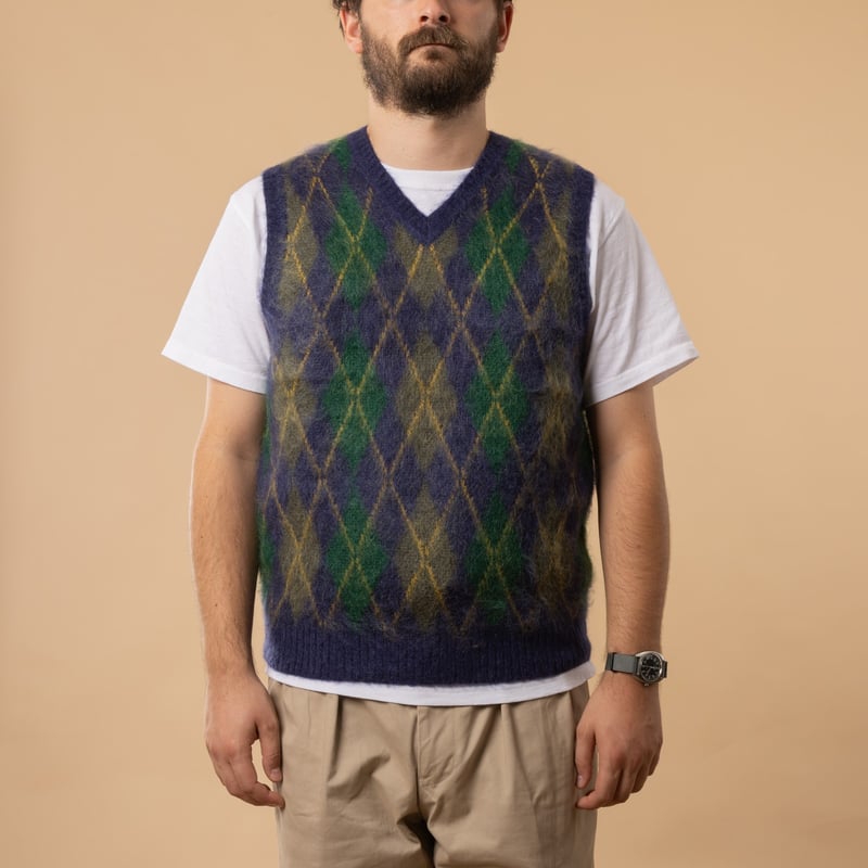 pull sans manche à motif BEAMS PLUS / Argyle Vest Mohair couleur Navy de face