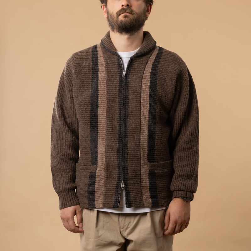cardigan à zip BEAMS PLUS Full Zip Shawl Collar Knit couleur Brown de face