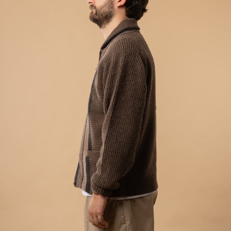 cardigan à zip BEAMS PLUS Full Zip Shawl Collar Knit couleur Brown de profil