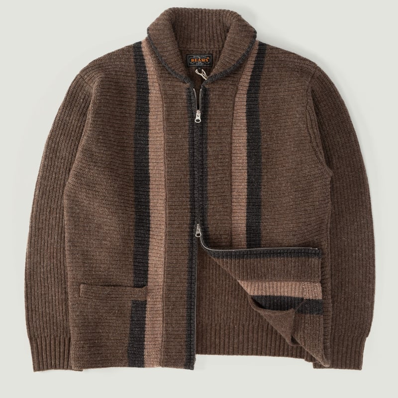 Vignettes-gilet-en-laine-Beams-Plus-Full-Zip-Shawl-Collar-Knit-Brown-flâneurs