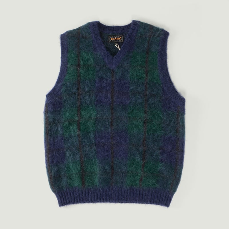 Vignette-BEAMS-PLUS-loafers-sleeveless-sweater-Mohair-Vest-Navy