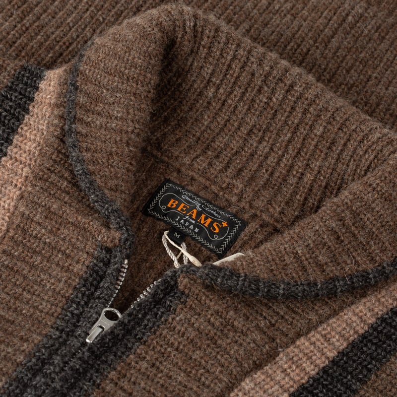 Beams Plus fw24 flâneurs-Full Zip Shawl Collar Knit Brown