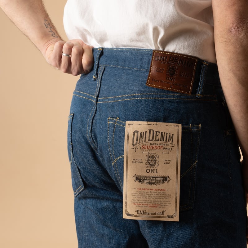 ONI DENIM 570-OFBD Classic Straight Jeans 13.7oz Old Faded Blue Denim with back detail tag