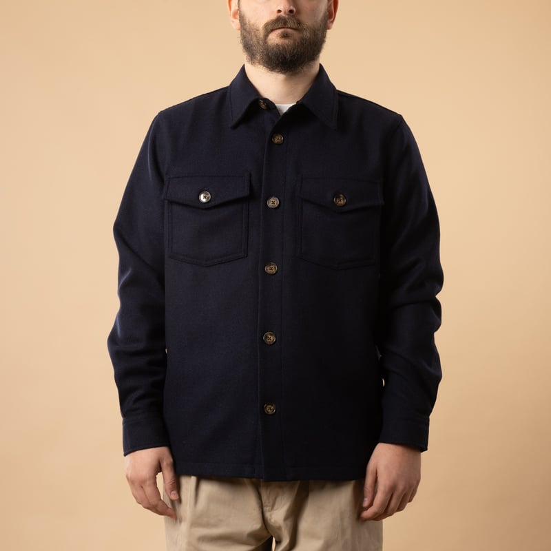 PORTUGUESE FLANNEL Wool Field Overshirt in Navy, front view