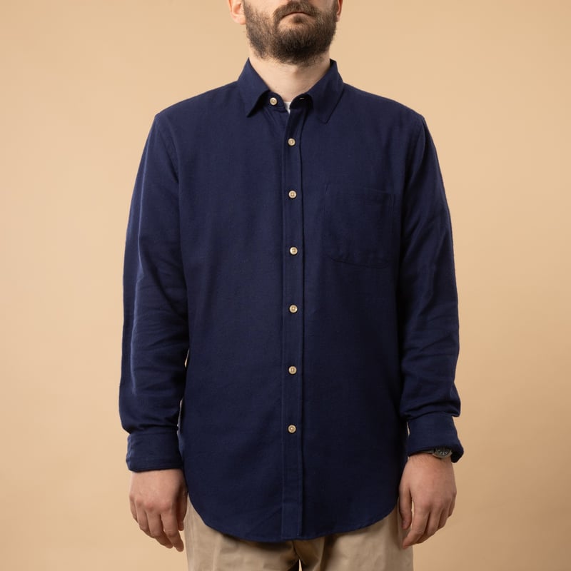 Navy Teca Shirt by PORTUGUESE FLANNEL with front closed.
