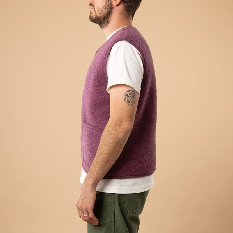 -flâneurs-COLDBREAKER-sleeveless wool jacket-Pepitko Ultralight-French Purple-side profile