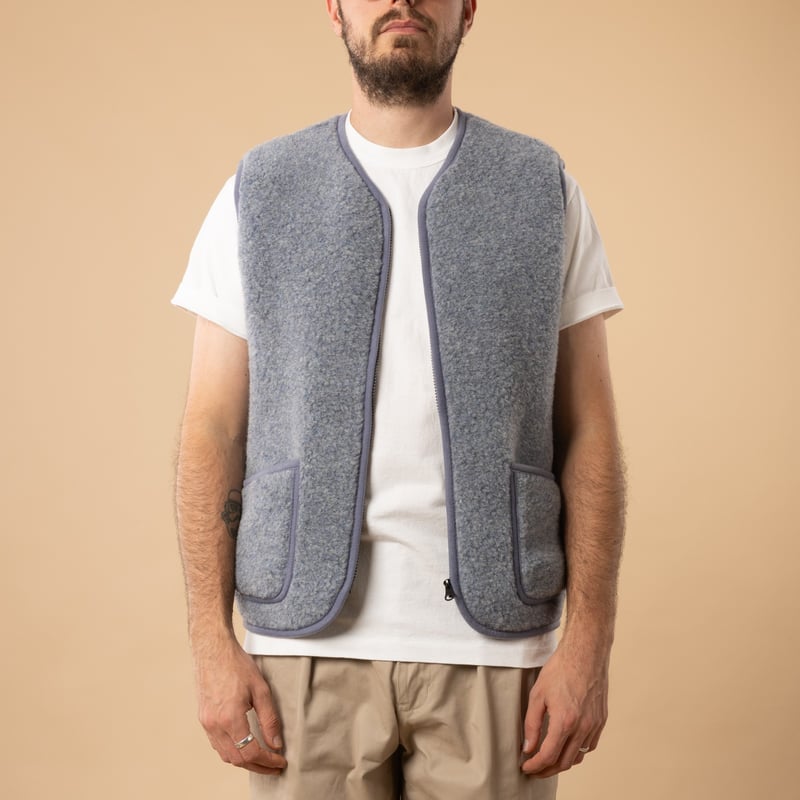 flâneurs-COLDBREAKER-sleeveless wool jacket-Pepitko Ultralight Grey Denim-front open
