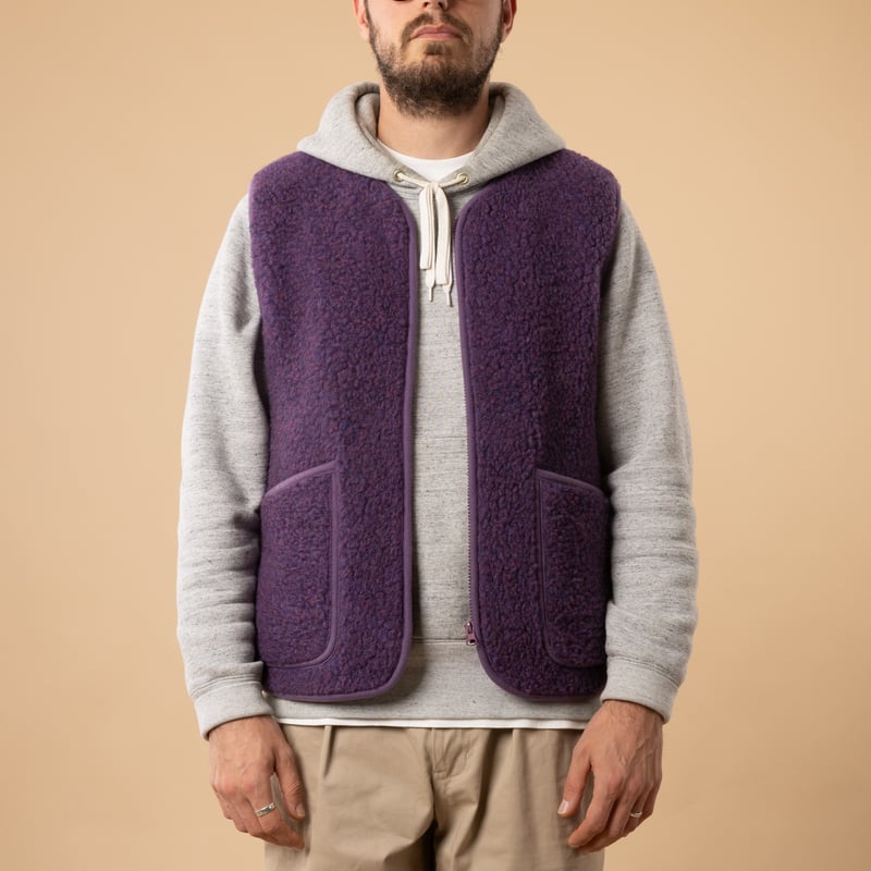 flâneurs-COLDBREAKER-sleeveless-wool-jacket-Pepitko-Vest-Violet-front-open