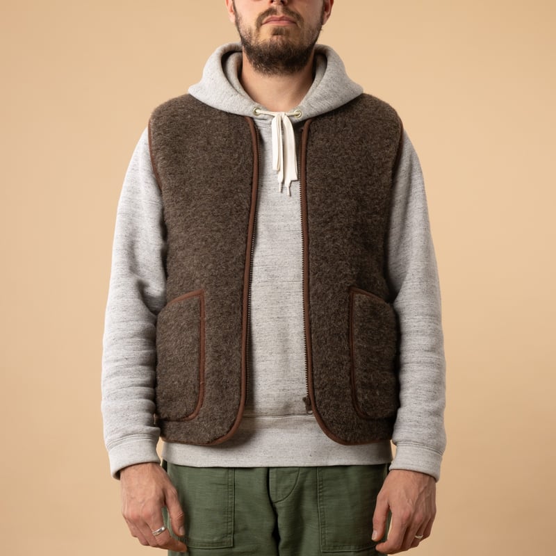 flâneurs-COLDBREAKER-veste-en-laine-sans-manche-Pepitko-mid brown-de-face-ouvert