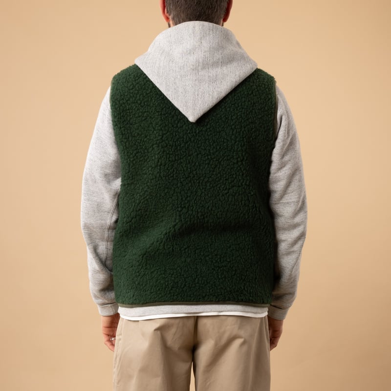 flâneurs-COLDBREAKER-sleeveless wool jacket-Pepitko-dark green back view