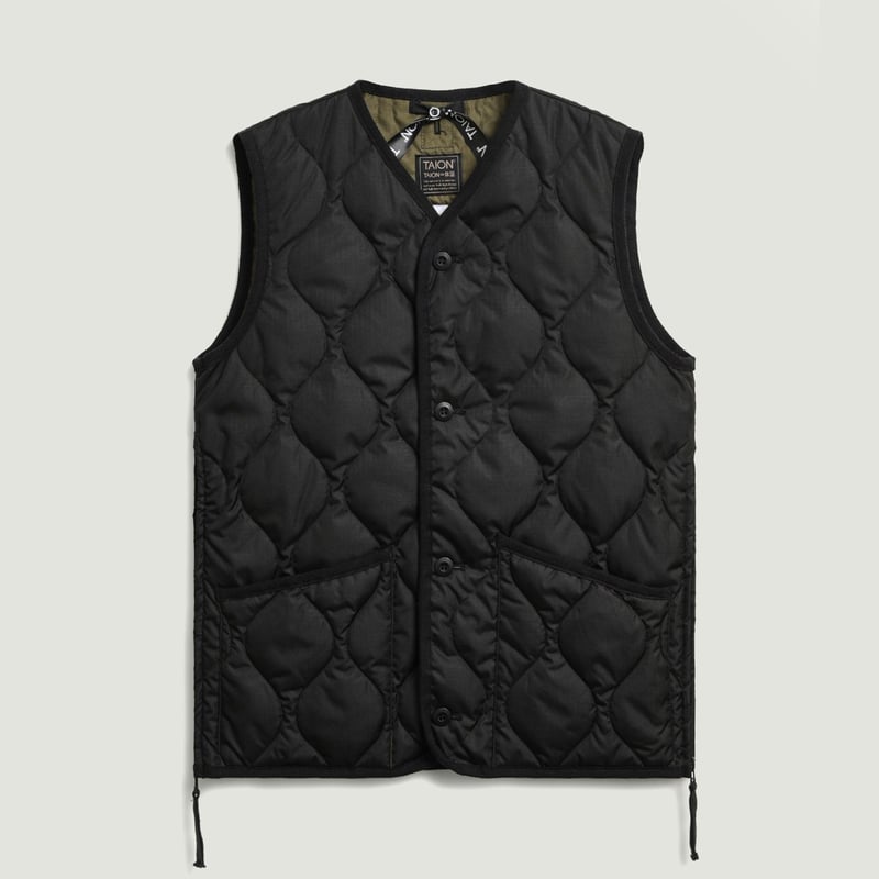 Vignette-Taion-flâneurs-veste-sans-manche-Unisex-Military-Button-V-Neck-Down-Vest-Black