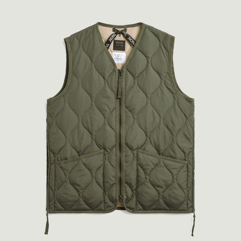 Vignettes-Taion-flâneurs-veste-sans-manche-Unisex-Military-Zip-V-Neck-Down-Vest-Olive