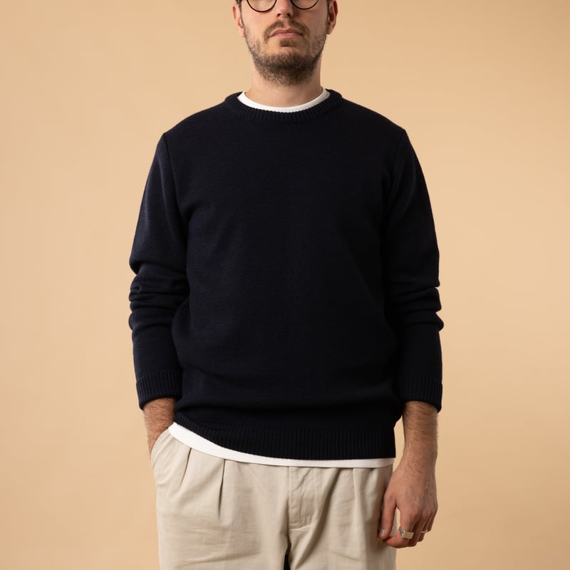 Wool Sweater - Round Neck - Youri - Navy - Front View