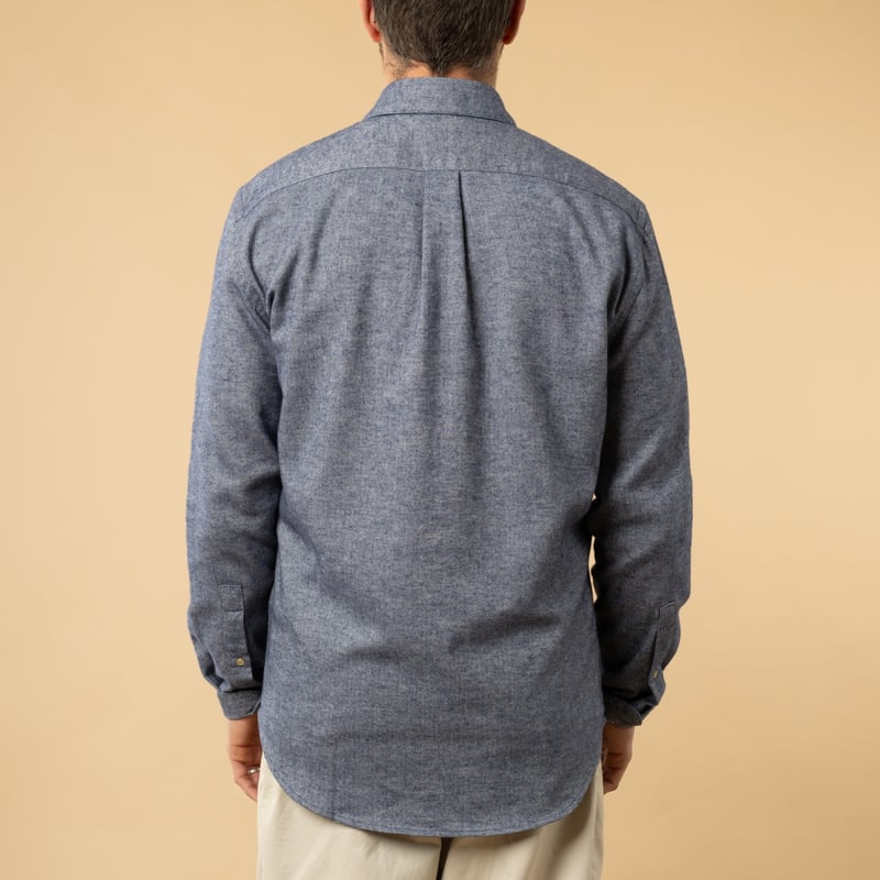 Indigo PORTUGUESE FLANNEL Teca Shirt worn on the back