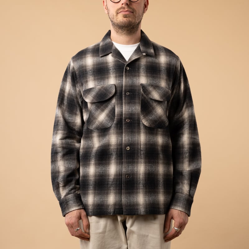 FOB FACTORY F3505 Nel Open Collar Shirt Black - Front View