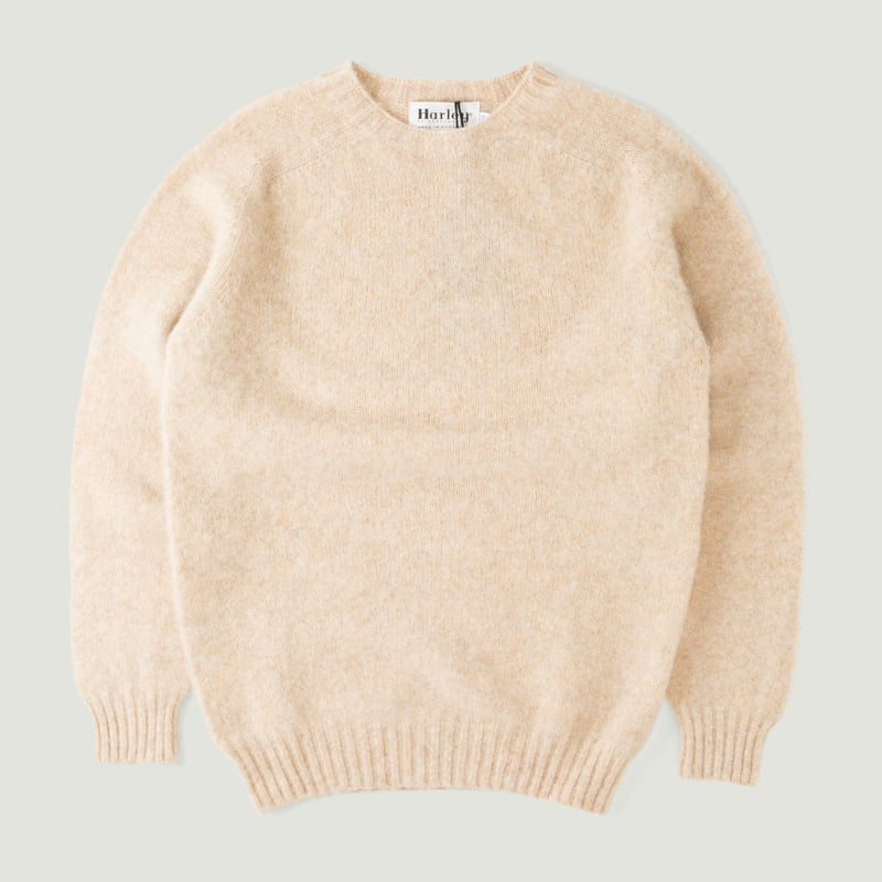Tusk-colored Harley of Scotland shaggy pullover, front view.