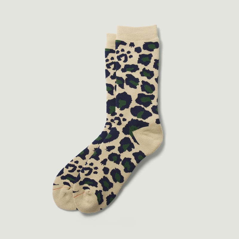 ROTOTO Vignette / Pile Leopard Crew Socks Navy/Green