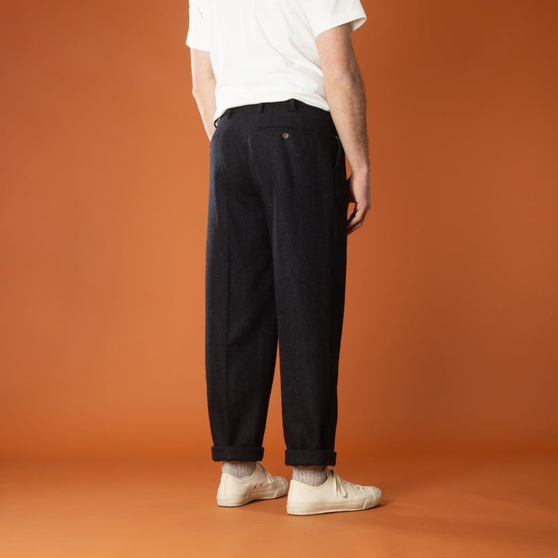 Back-Flâneurs Portuguese Flannel Wool Herringbone Trousers - Navy