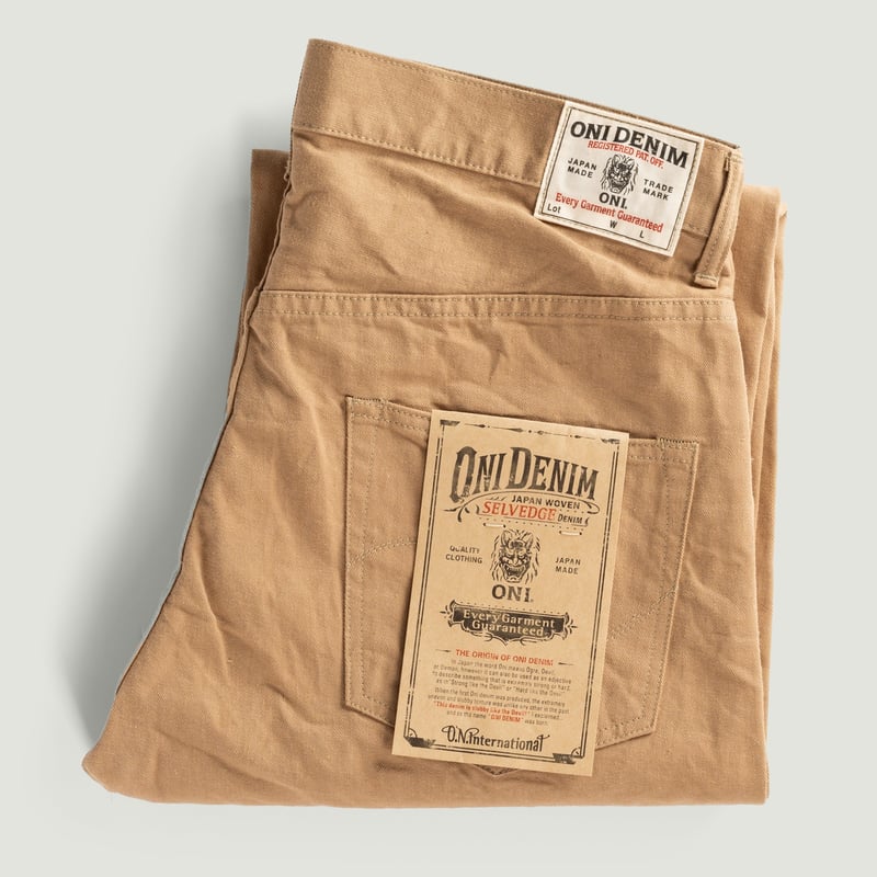 vignette flâneurs ONI DENIM 022-SCKB 10oz Relax Straight "Khaki Beige" Selvedge Chino