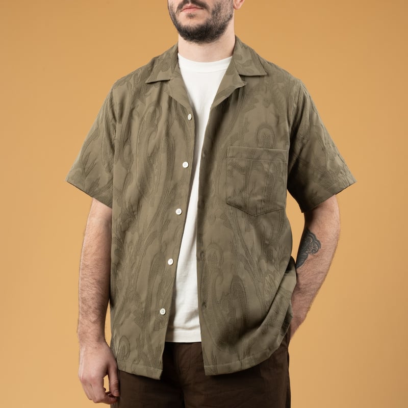 Olive Summer Paisley Short Sleeve Open Front Shirt by PORTUGUESE FLANNEL (1)