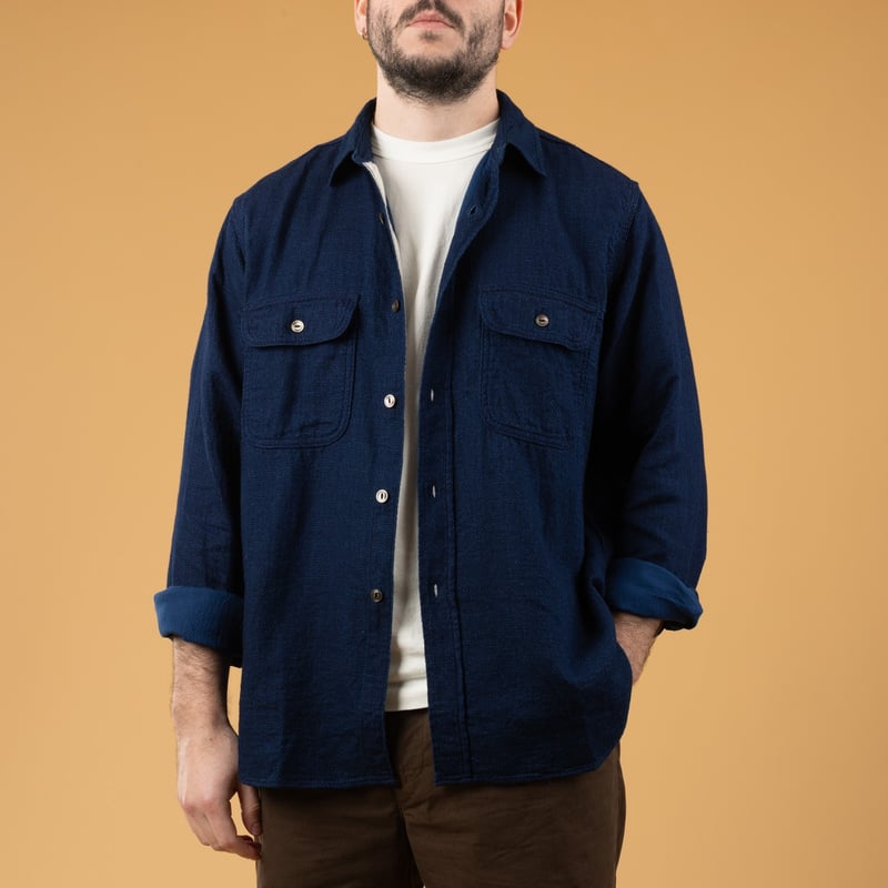 Image flâneurs ouverte de face FOB FACTORY  F3507 Indigo Panama Double Gauze Navy (1)