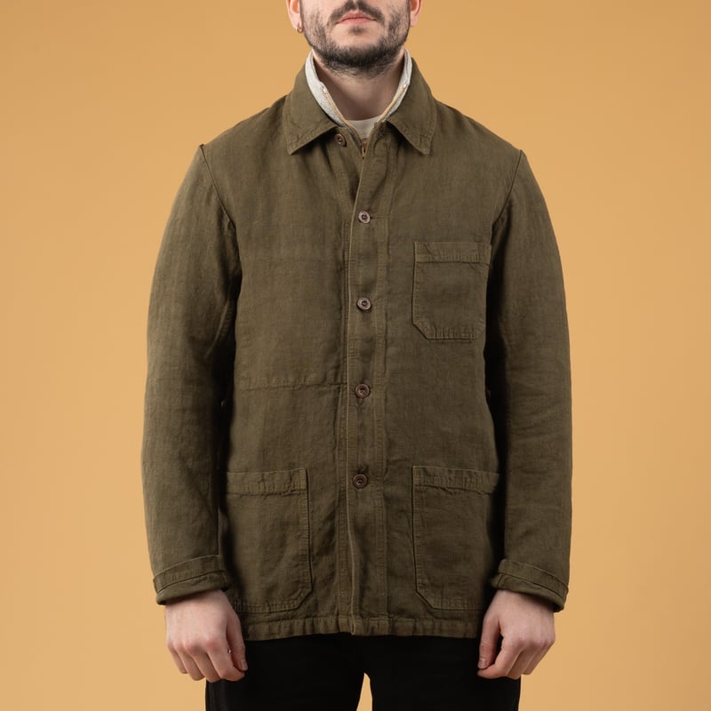 Image flâneurs porté de face flâneurs VETRA Olive Heavy Linen Weaved Jacket (2)