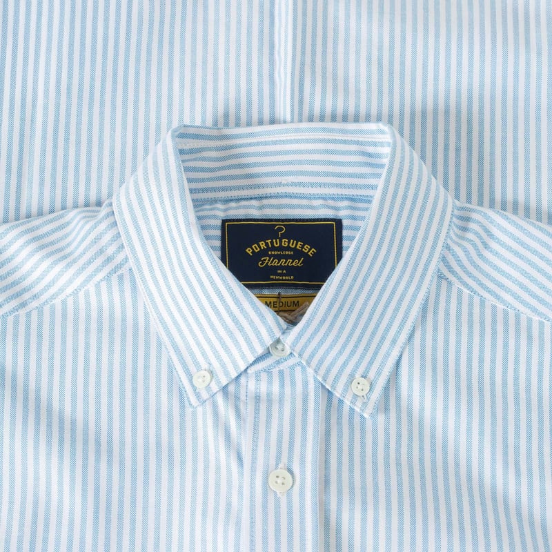 détail col flâneurs PORTUGUESE FLANNEL chemise Belavista Stripe Open Blue
