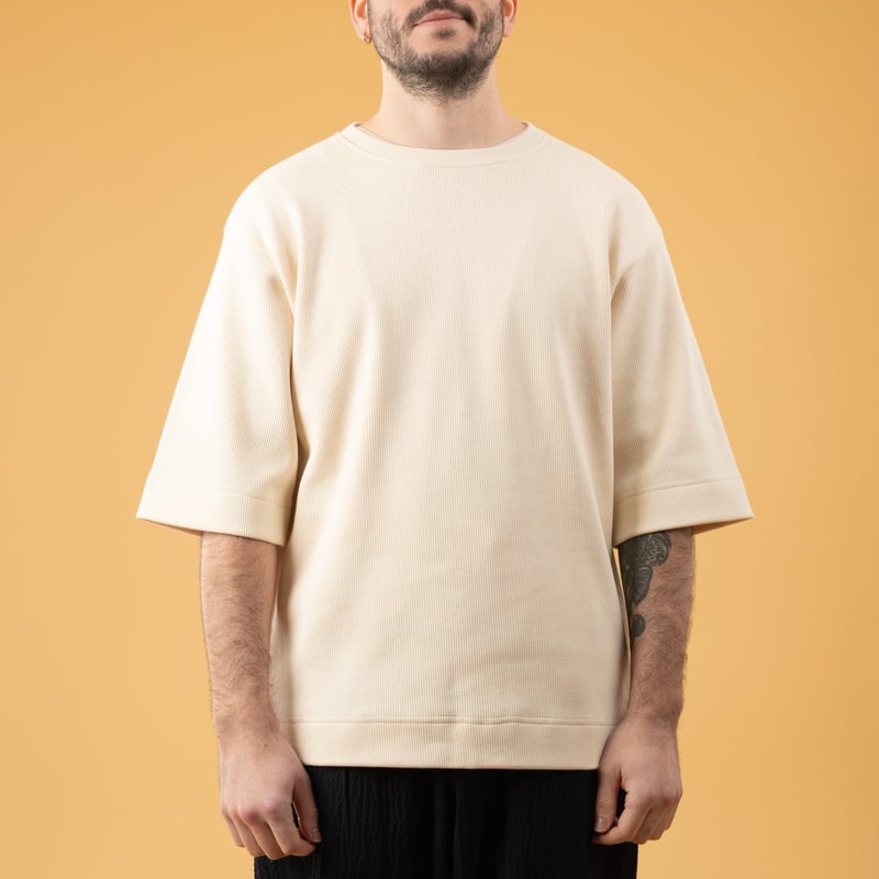 NITTO KNITWEAR Vahe Natural T-Shirt, images of loafers worn from the front.