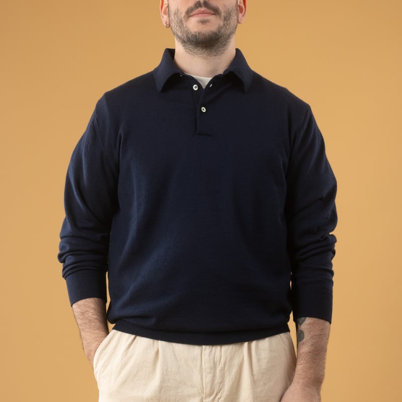 Image flâneurs Pull Mooncastle Mérinos Manches Longues Col Polo Navy 1