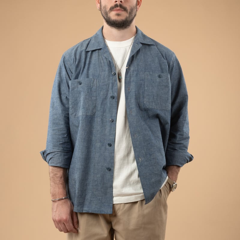 Image-Flâneurs Mil Open Collar Chambray Blue Front-Facing