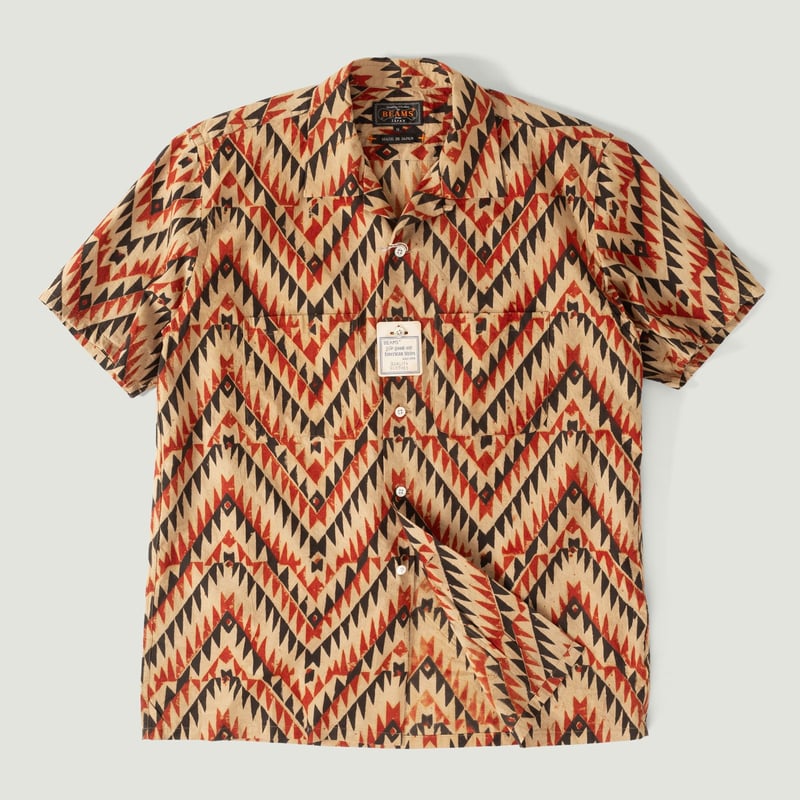 Image-Flâneurs_BEAMS PLUS / Open Collar Shirt Block Print Zig-Zag Beige_Vignette