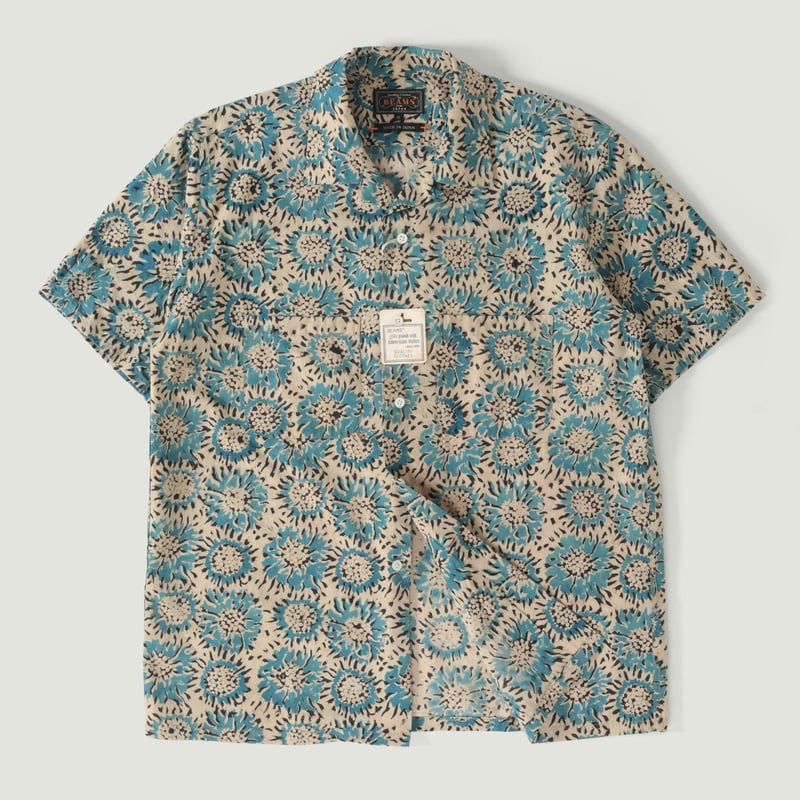 Image-Flâneurs_BEAMS PLUS / Open Collar Shirt Block Print Sun Flower Blue_Vignette