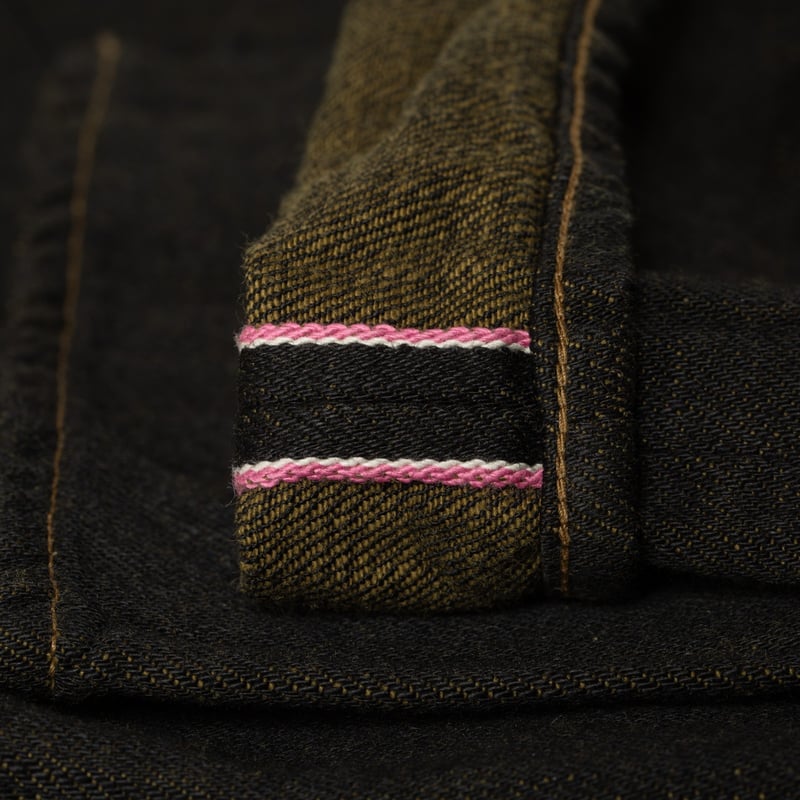 246-BKOL 12.5oz Neat Straight Black X Olive Selvedge Denim