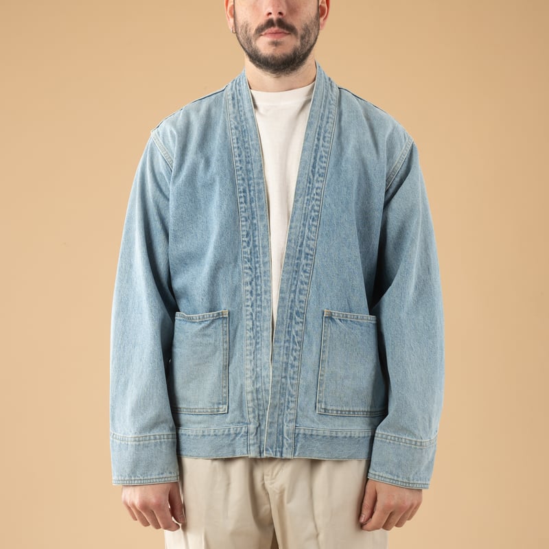 image flâneurs porté Denim Haori Fade Wash Indigo_de-face