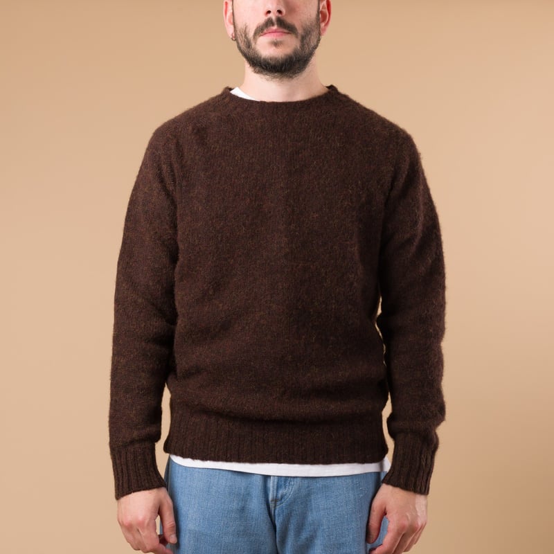 image porté flâneurs HARLEY OF SCOTLAND X FLÂNEURS pull Shaggy Crew Neck Sweater mocha de face