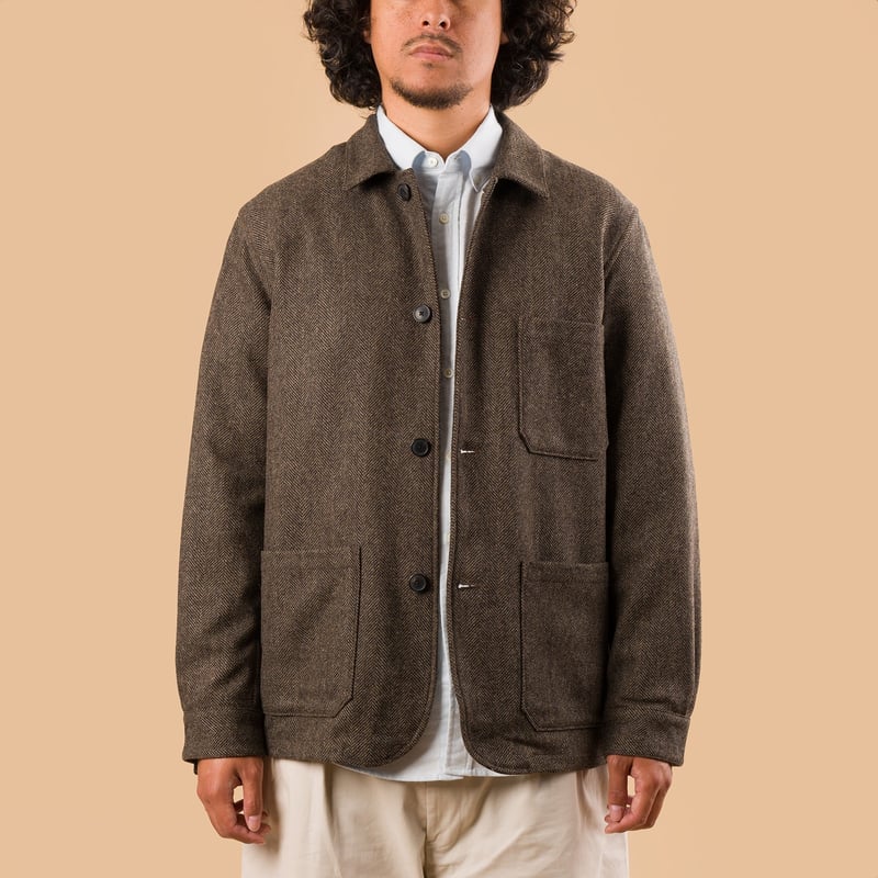 image portée face flâneurs PORTUGUESE FLANNEL veste Labura Herringbone Wool Light Brown