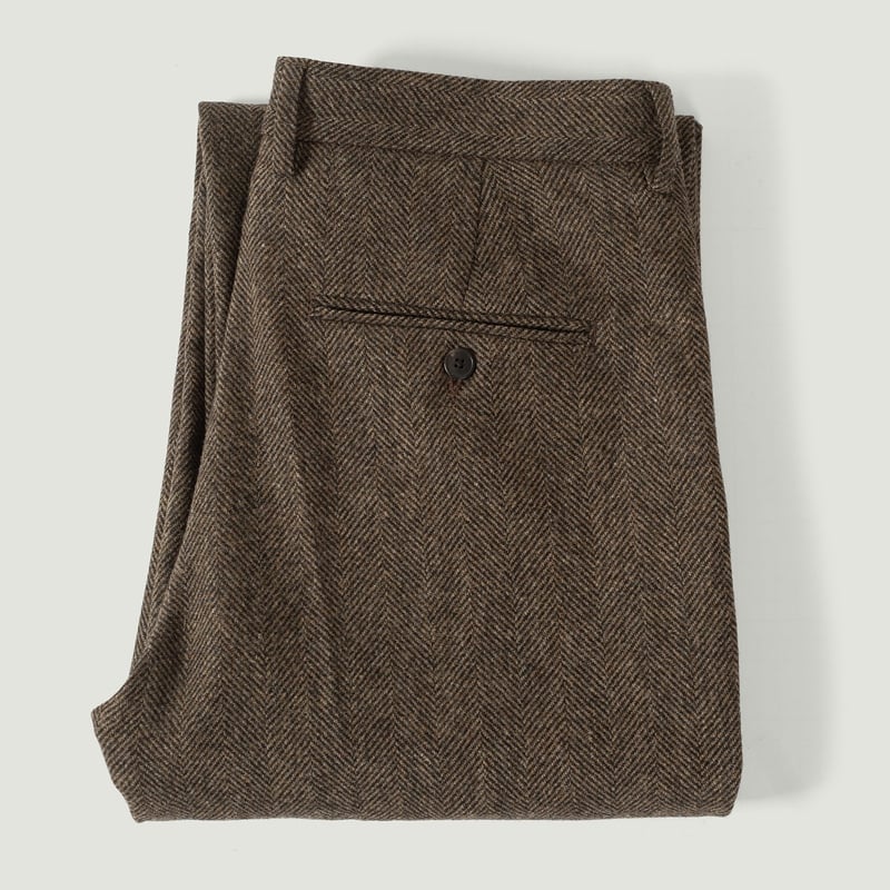 Vignettes flaneurs pantalon PORTUGUESE FLANNEL Single Pleat Wool Trousers Herringbone Brown