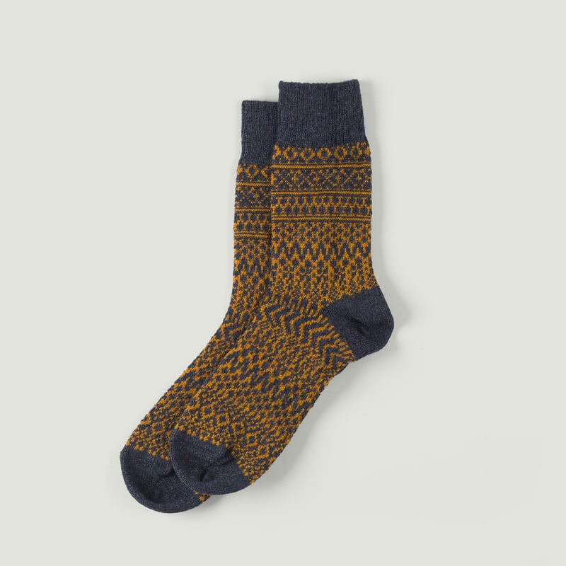 Vignettes-flâneurs-NISHIGUCHI-KUTSUSHITA-Wool-Jacquard-Socks-navy