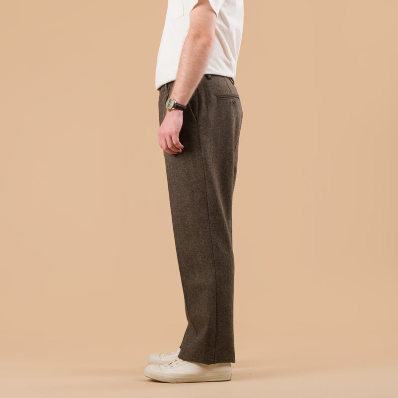 Single Pleat Wool Trousers Herringbone Brown