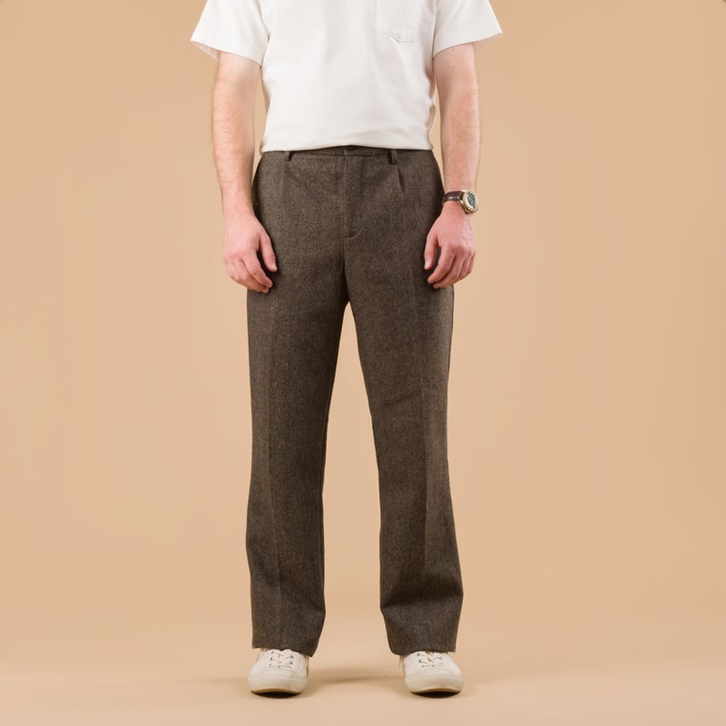 Single Pleat Wool Trousers Herringbone Brown
