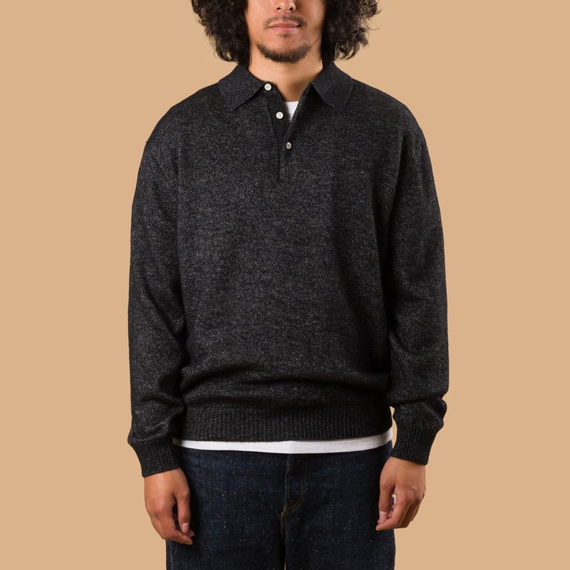 9G Wool Silk Shaggy Yarn Knit Polo Black