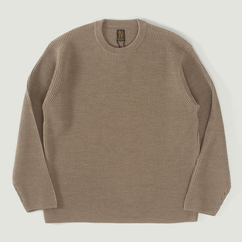 Solid Wool Rib Crew Neck Melange Brown