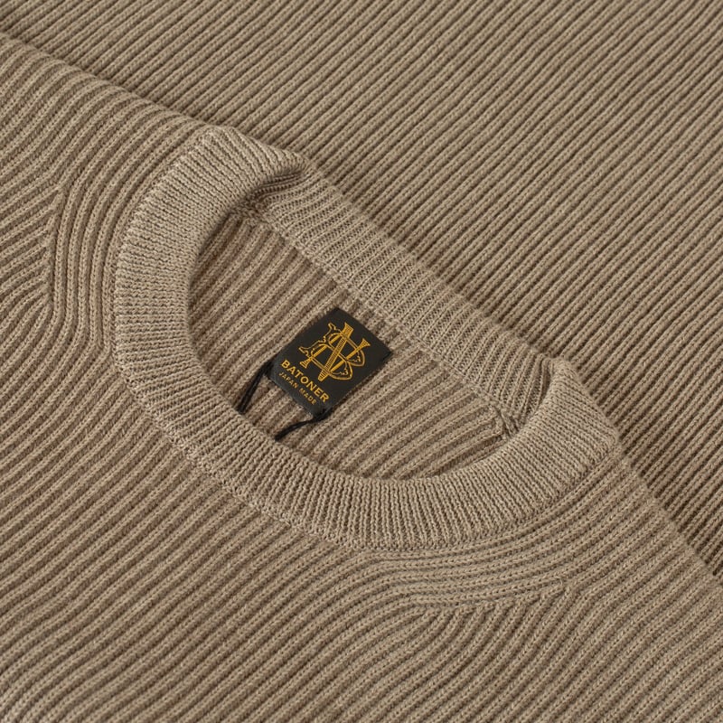 Solid Wool Rib Crew Neck Melange Brown