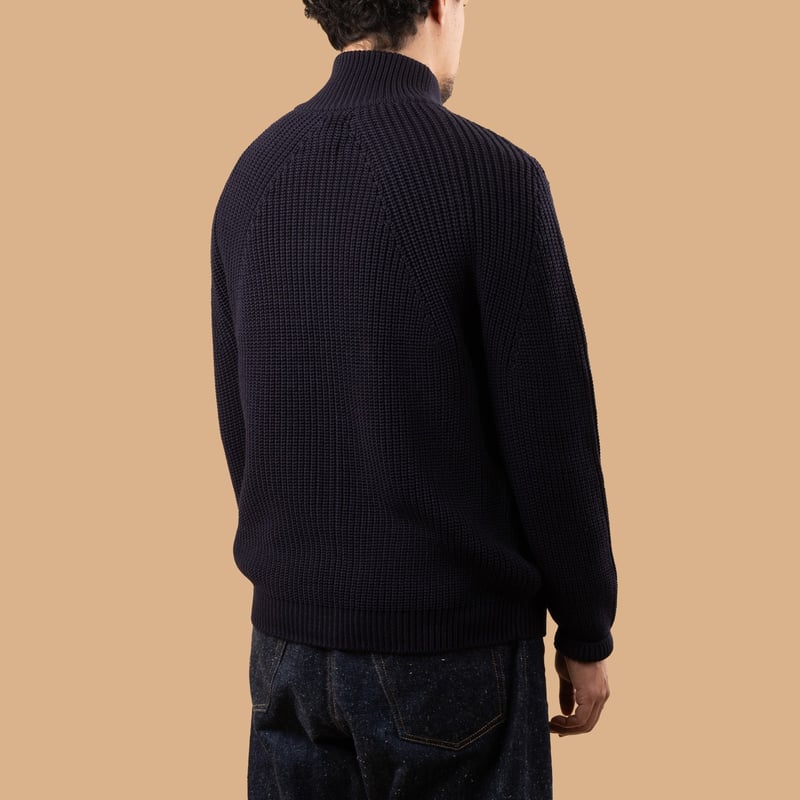 flaneurs gilet laine épais BATONER Signature Drivers Knit Navy de dos