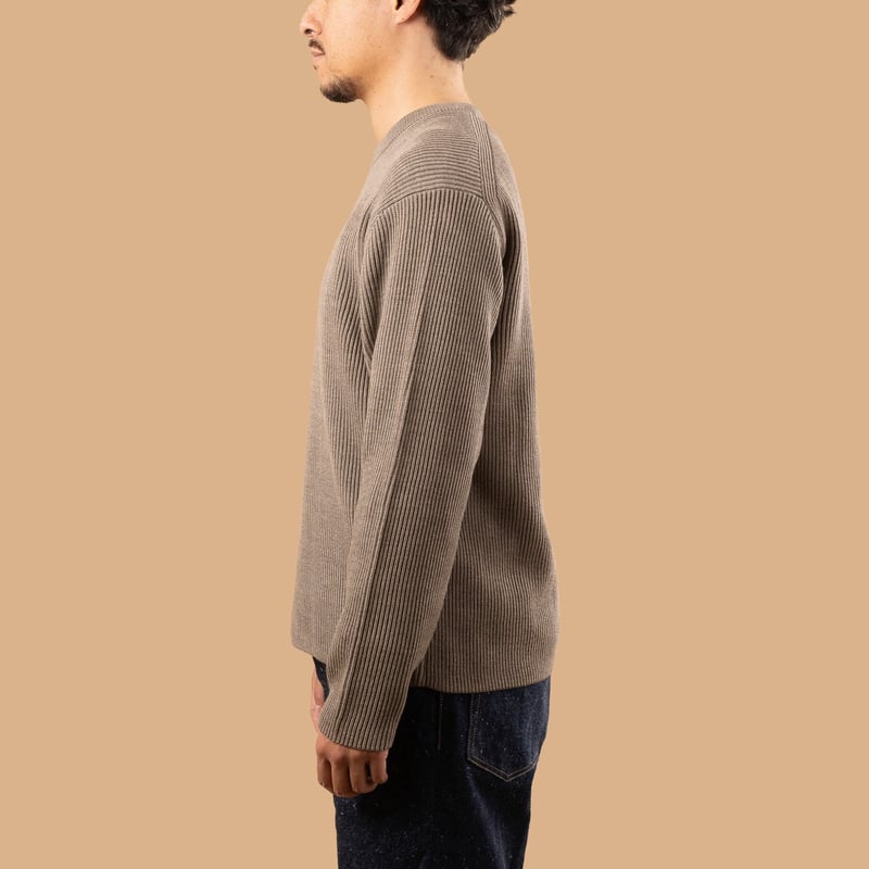 Solid Wool Rib Crew Neck Melange Brown