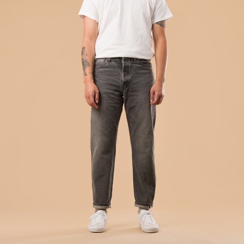 F153 5P Tapered Black Used Wash Selvedge Denim