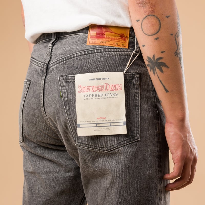 F153 5P Tapered Black Used Wash Selvedge Denim