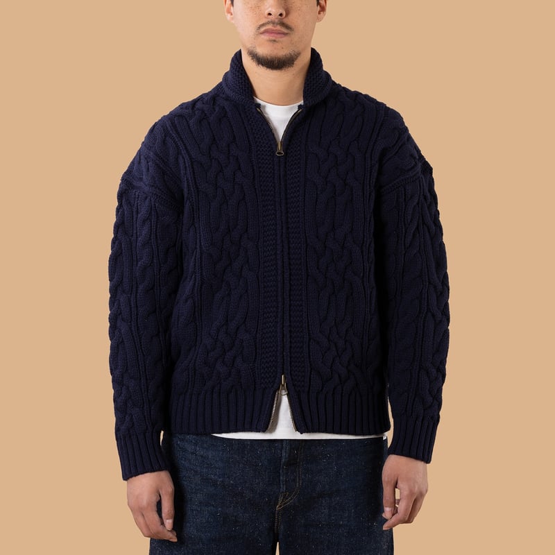 gilet épais NITTO KNITWEAR  Veste Bomber Ohannes Maille Torsadée Marine de face